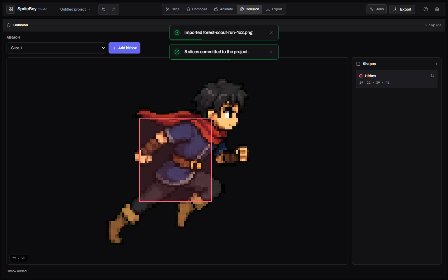 Collision workspace with the hitbox authoring surface