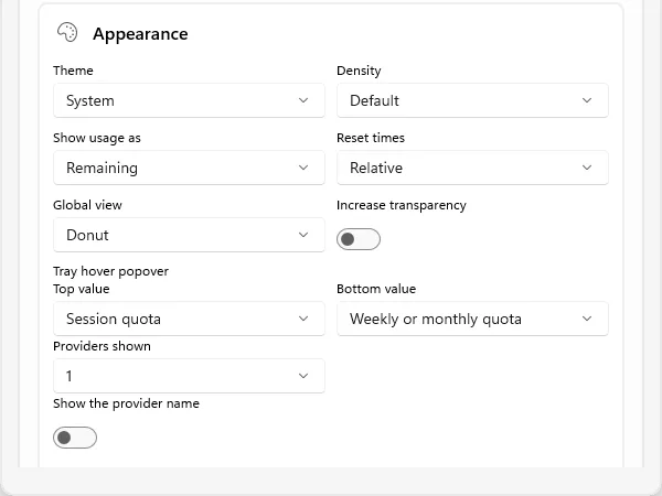 Appearance settings with tray and theme options